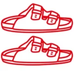 Ein Bild von verschiedenen Schuhwerken, darunter Wanderschuhe, Sportschuhe und eine Kappe, vor einer Wand mit verschiedenen Schriftarten in Magenta.
