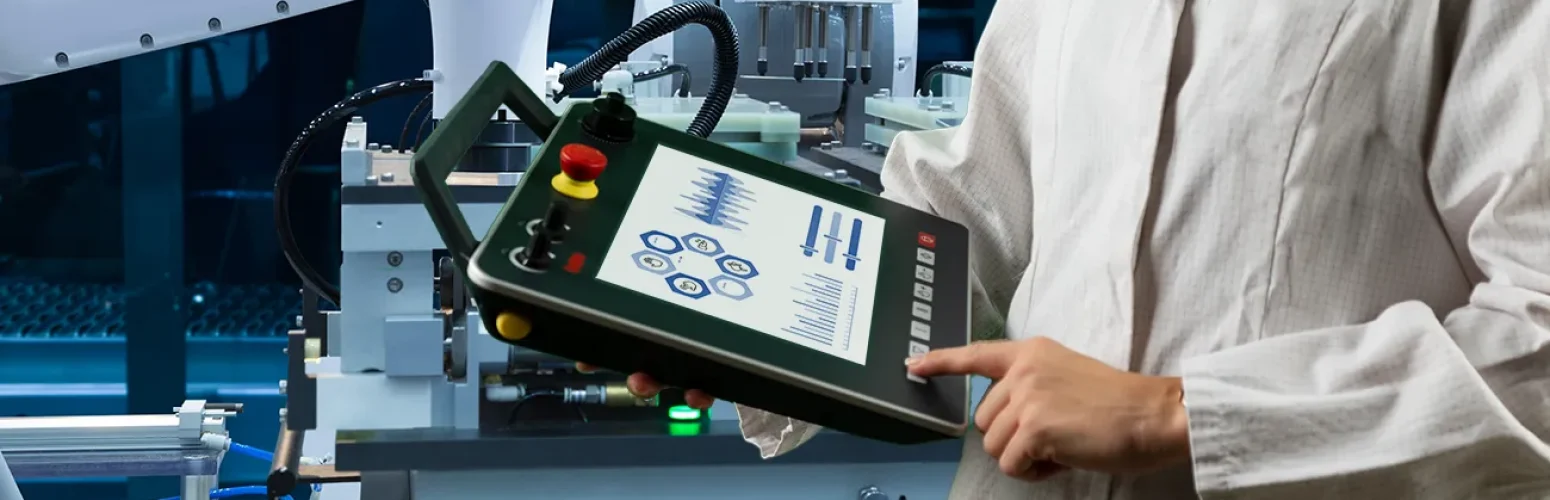 Mensch bedient Steuereinheit an CNC-Maschine